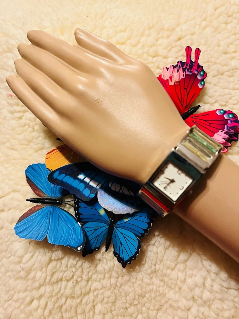 Silver Tone Women's Square Dial Watch with Blue Butterfly Accent